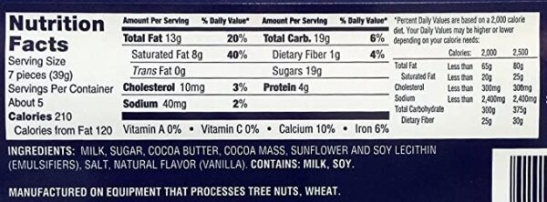 The back of a nutrition label for a Karl Fazer Blue Original Finnish Milk Chocolate Bar, 200 g / 7.05 oz, Made in Finland.