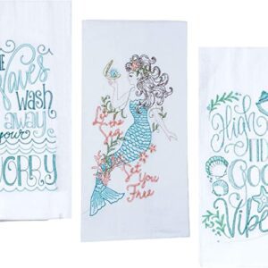 Mermaid Themed Kitchen Dish Towels Set with Sayings | Mermaids, Seashell, Starfish Print | 2 Flour Sack and 1 Terry Cotton Towels for Dishes and Hand Drying.