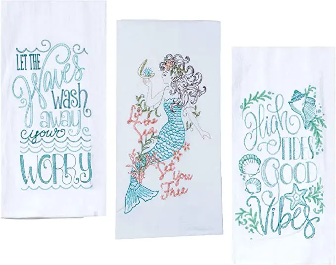 Mermaid Themed Kitchen Dish Towels Set with Sayings | Mermaids, Seashell, Starfish Print | 2 Flour Sack and 1 Terry Cotton Towels for Dishes and Hand Drying.