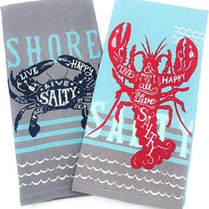 Two Kay Dee Designs Live Salty Lobster & Crab Kitchen Towels Dishtowel Set for Cleaning, Drying, Polishing and Baking with lobsters on them.