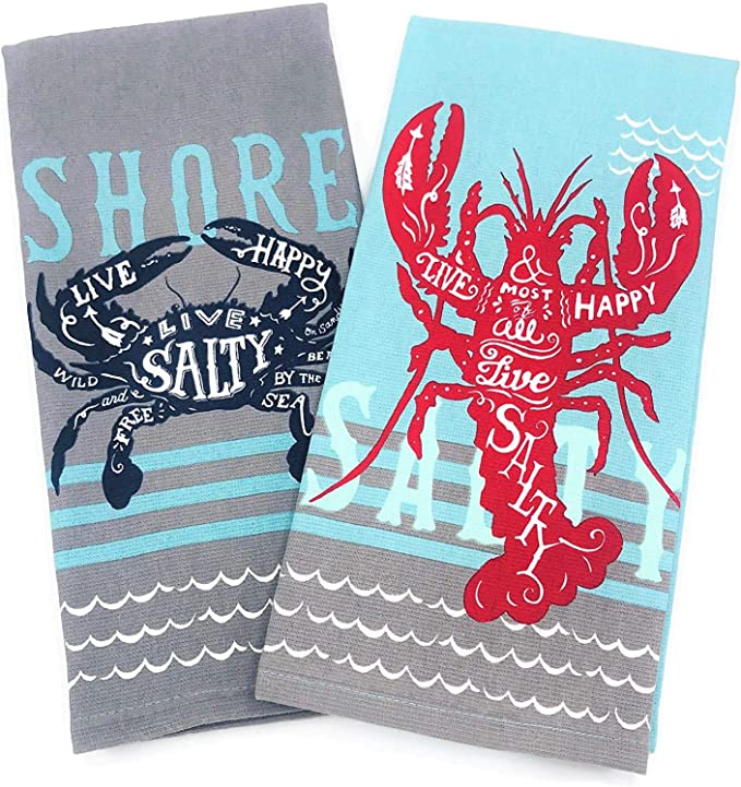 Two Kay Dee Designs Live Salty Lobster & Crab Kitchen Towels Dishtowel Set for Cleaning, Drying, Polishing and Baking with lobsters on them.