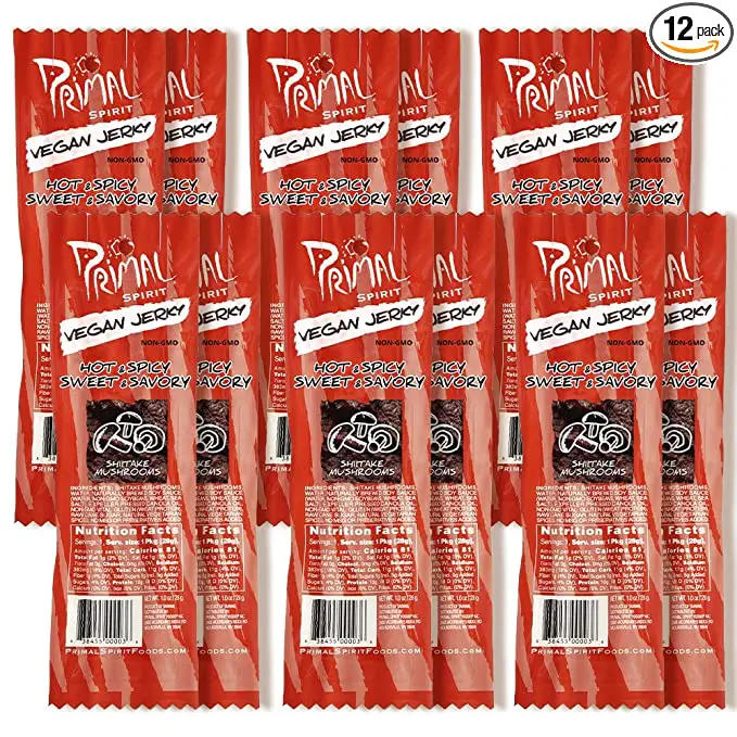 A pack of twelve Primal Spirit Vegan Jerky “SHIITAKE MUSHROOM” – “Classic Flavor” – Hot & Spicy-Sweet & Savory, 10 g on a white background.