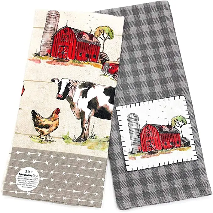 Two Kay Dee Designs Country Life Dual Purpose Terry Towel & Appliqued Tea Towel Kitchen Dishtowels with farm animals and a big red barn on them.