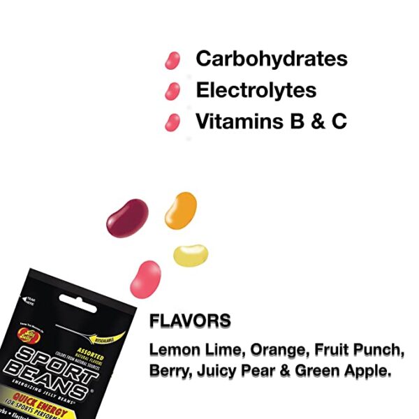 A pack of Jelly Belly Sport Beans [6-Pack] Assorted Sport Beans (Orange, Fruit Punch, Green Apple, Juicy Pear, Lemon Lime, Berry).