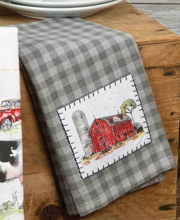 A Kay Dee Designs Country Life Dual Purpose Terry Towel & Appliqued Tea Towel Kitchen Dishtowel Set of Farm Animals & Big Red Barn for Cleaning, Drying, Polishing and Baking with an image of a red barn and a red truck.