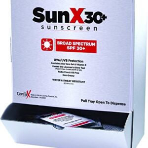 Coretex 56410 Sun X SPF 30+ Broad Spectrum Single Dose Sunscreen Lotion with UVA/UVB Protection (Box of 50) in a box.