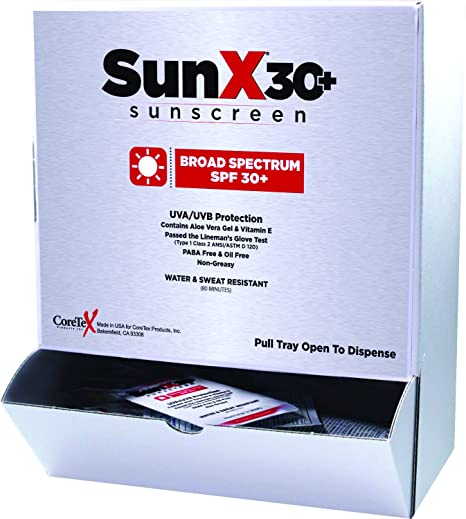 Coretex 56410 Sun X SPF 30+ Broad Spectrum Single Dose Sunscreen Lotion with UVA/UVB Protection (Box of 50) in a box.