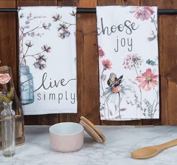 Two Kay Dee Designs Kitchen Towels with the words 'Choose Live Simply' on them.