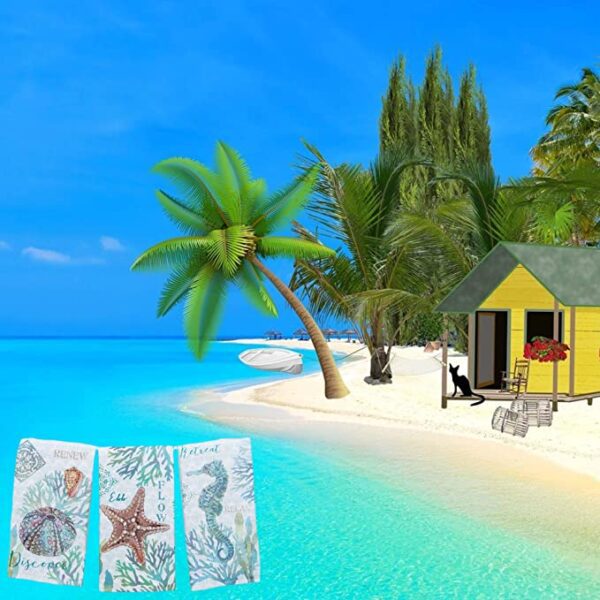 A yellow Kay Dee Designs Set of 3 Beachcomber Dual Purpose Terry Kitchen Towels on a beach with palm trees and seashells.