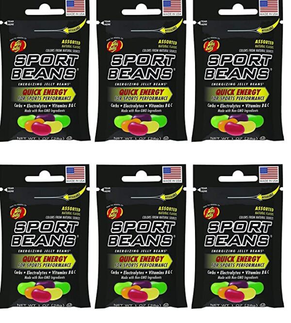 A pack of six bags of Jelly Belly Sport Beans.