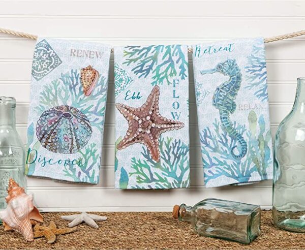 Three Kay Dee Designs Set of 3 Beachcomber Dual Purpose Terry Kitchen Towels hanging on a rope.