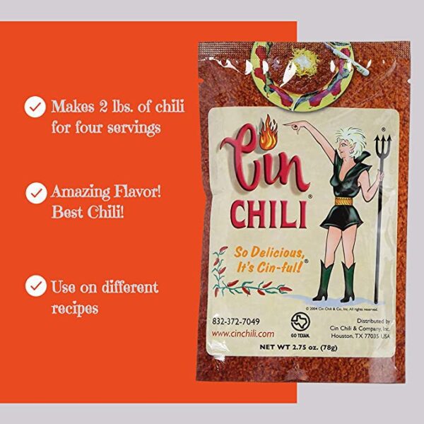 A bag of Cin Chili Mix Deliciously Cin-ful Seasoning Sauce for Cooking or Baking, Pack of 3 with a woman's face on it.