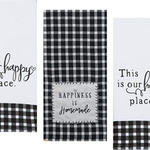 This is our 3 Farmhouse Country Themed Decorative Cotton Kitchen Towels Set with Black and White Print | 1 Tea and 2 Dual Purpose Towel for Dish and Hand Drying | by Kay Dee Designs.