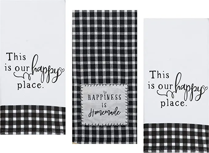 This is our 3 Farmhouse Country Themed Decorative Cotton Kitchen Towels Set with Black and White Print | 1 Tea and 2 Dual Purpose Towel for Dish and Hand Drying | by Kay Dee Designs.