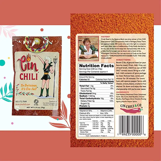 The back of a label for Cin Chili Mix Deliciously Cin-ful Seasoning Sauce for Cooking or Baking, Pack of 3 with a woman's face on it.