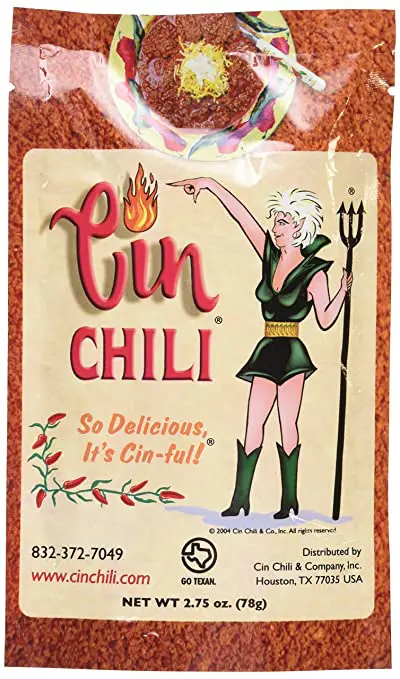 A bag of Cin Chili Mix Deliciously Cin-ful Seasoning for Cooking or Baking, Pack of 6 with a woman on it.