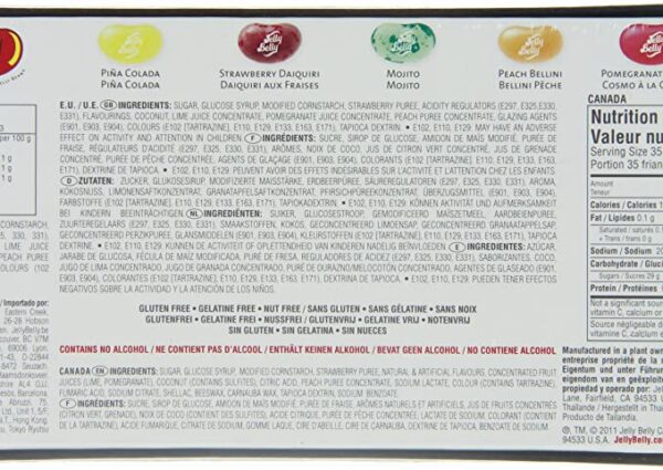 The back of a bottle of Jelly Belly Cocktail Classics 5-Flavor Gift Box NET WT 4.25 OZ (120g) jelly john's iced tea.