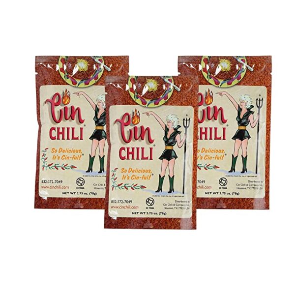 Three packs of Cin Chili Mix Deliciously Cin-ful Seasoning Sauce for Cooking or Baking on a white background.