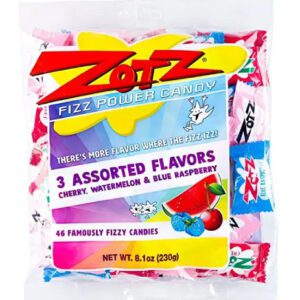 A bag of Zotz Fizz Power Candy Assorted - Fruit Flavored Hard Candy with a Fizzy Center | 230g Bag, Single Pack | Cherry, Watermelon & Blue Raspberry | Gluten-Free in a white bag.