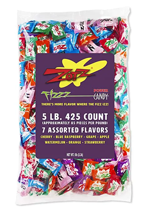 A Zotz Fizzy Candy, Assorted Flavors, 425 Count Bag with a variety of flavors.