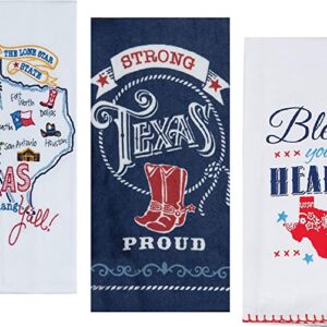 Three 3 Texas Themed Decorative Cotton Kitchen Towels Sets with White, Blue and Red Print | 2 Flour Sack and 1 Terry Towel for Dish and Hand Drying | By Kay Dee Designs.