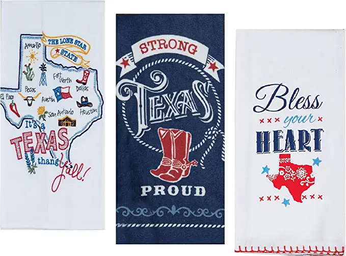 Three 3 Texas Themed Decorative Cotton Kitchen Towels Sets with White, Blue and Red Print | 2 Flour Sack and 1 Terry Towel for Dish and Hand Drying | By Kay Dee Designs.