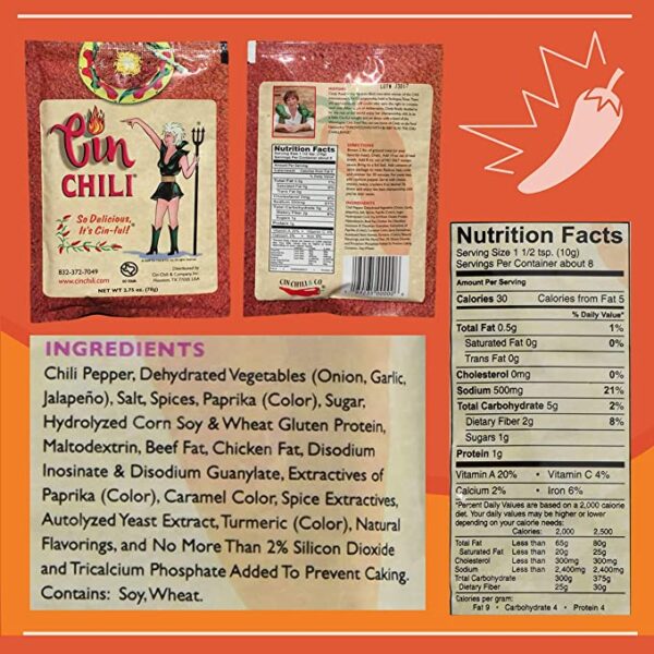 A pack of Cin Chili Mix Deliciously Cin-ful Seasoning Sauce for Cooking or Baking with a label on it.