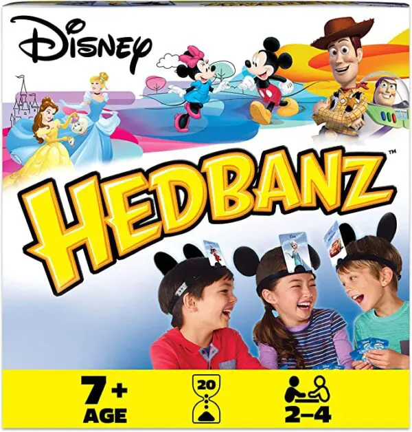 A box of Disney Hedbanz, 2nd Edition Picture-Guessing Family Board Game, for Adults and Kids Ages 7 and up (Styles May Vary).