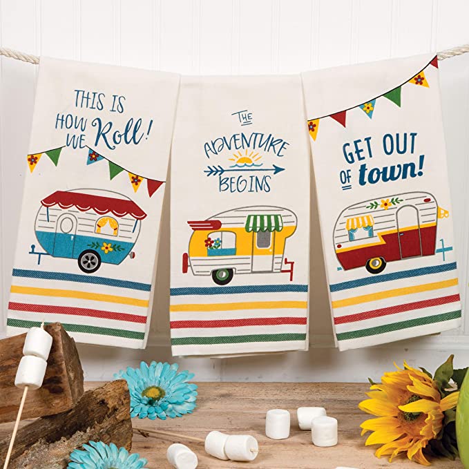 Get out of Camping Kitchen Tea Towels by Kay Dee Designs with Retro RV Camping Car Fun Theme 3pc Set.