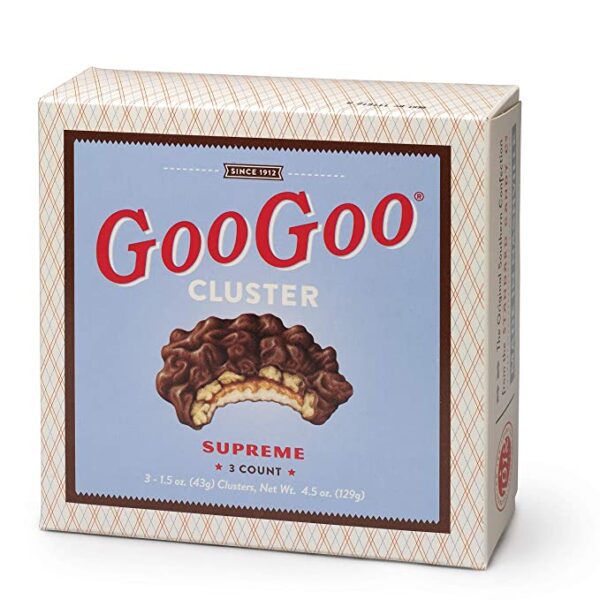 A Goo Goo Cluster Supreme Chocolate Carton, 4.5 Ounce on a white background.