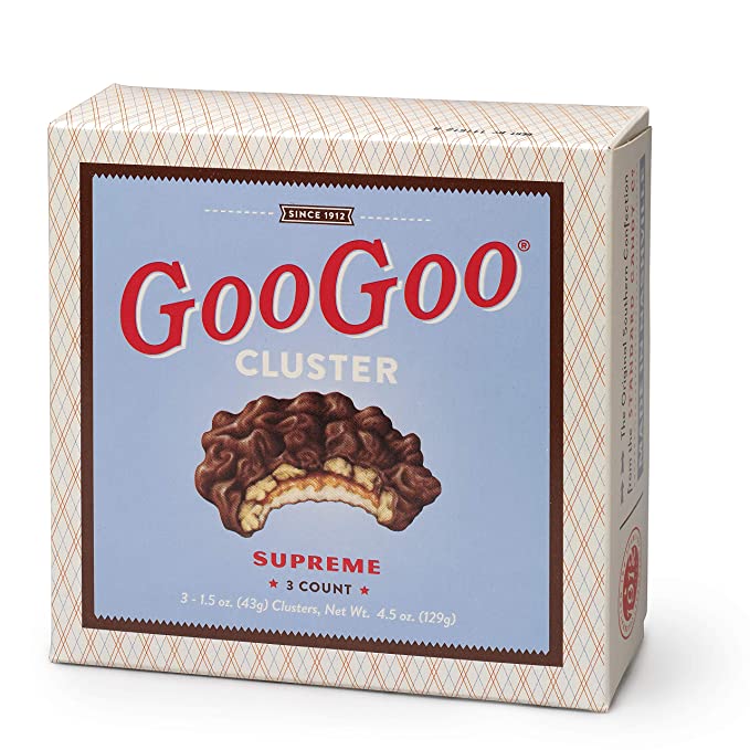 A Goo Goo Cluster Supreme Chocolate Carton, 4.5 Ounce on a white background.