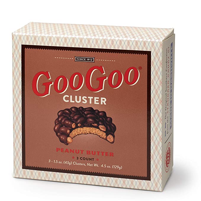 A Goo Goo Cluster 3-Pack Box - Peanut Butter w/ Milk Chocolate and Nuts on a white background.